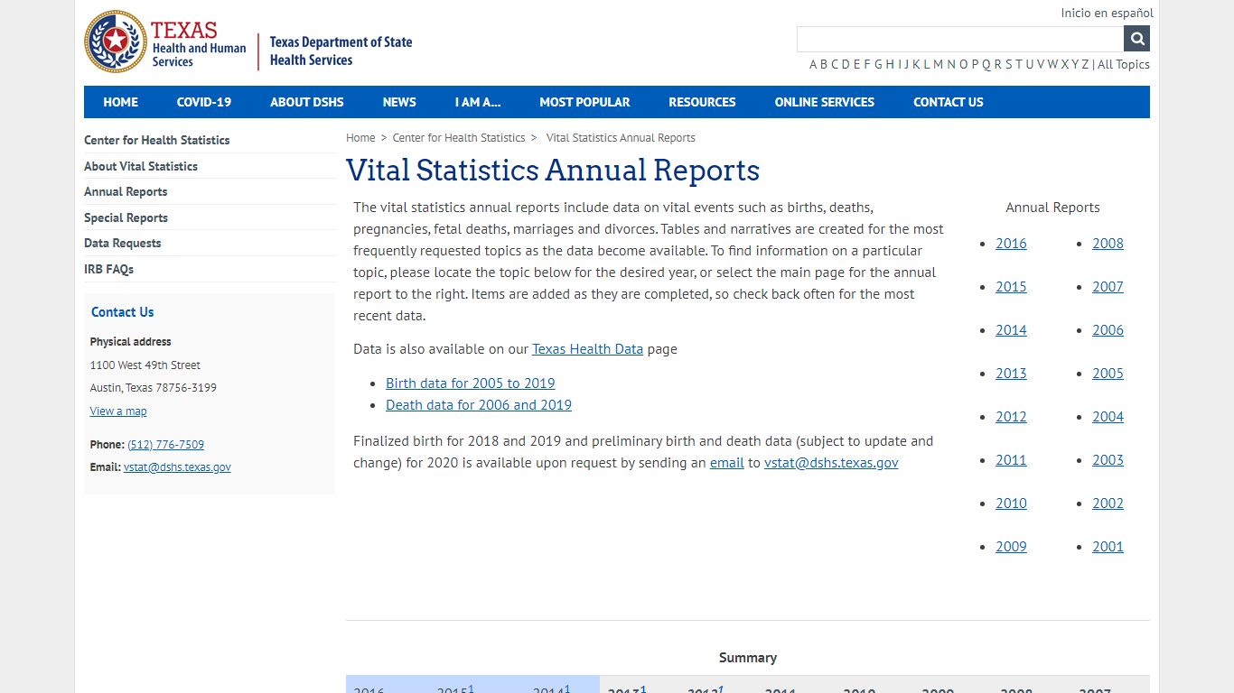 Texas Department of State Health Services, Vital Statistics Annual Reports